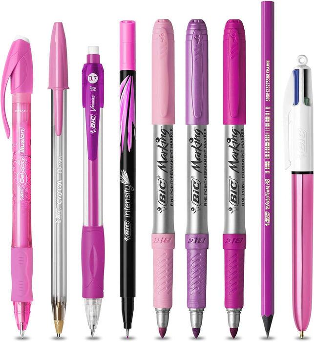 BIC Pink & Purple Set - 1 Pencil Case, 2 Ball Pens/1 Erasable Gel Pen/1 Graphite Pencil with Eraser/1 Writing Felt Pen/3 Permanent Markers/1 Mechanical Pencil