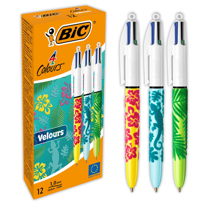 BIC 4Colori Velours, Penna a Sfera a Scatto, Colorate, con Fusto in Velluto, Punta Media, 1 mm, Cancelleria Scuola e Ufficio, 12 unita