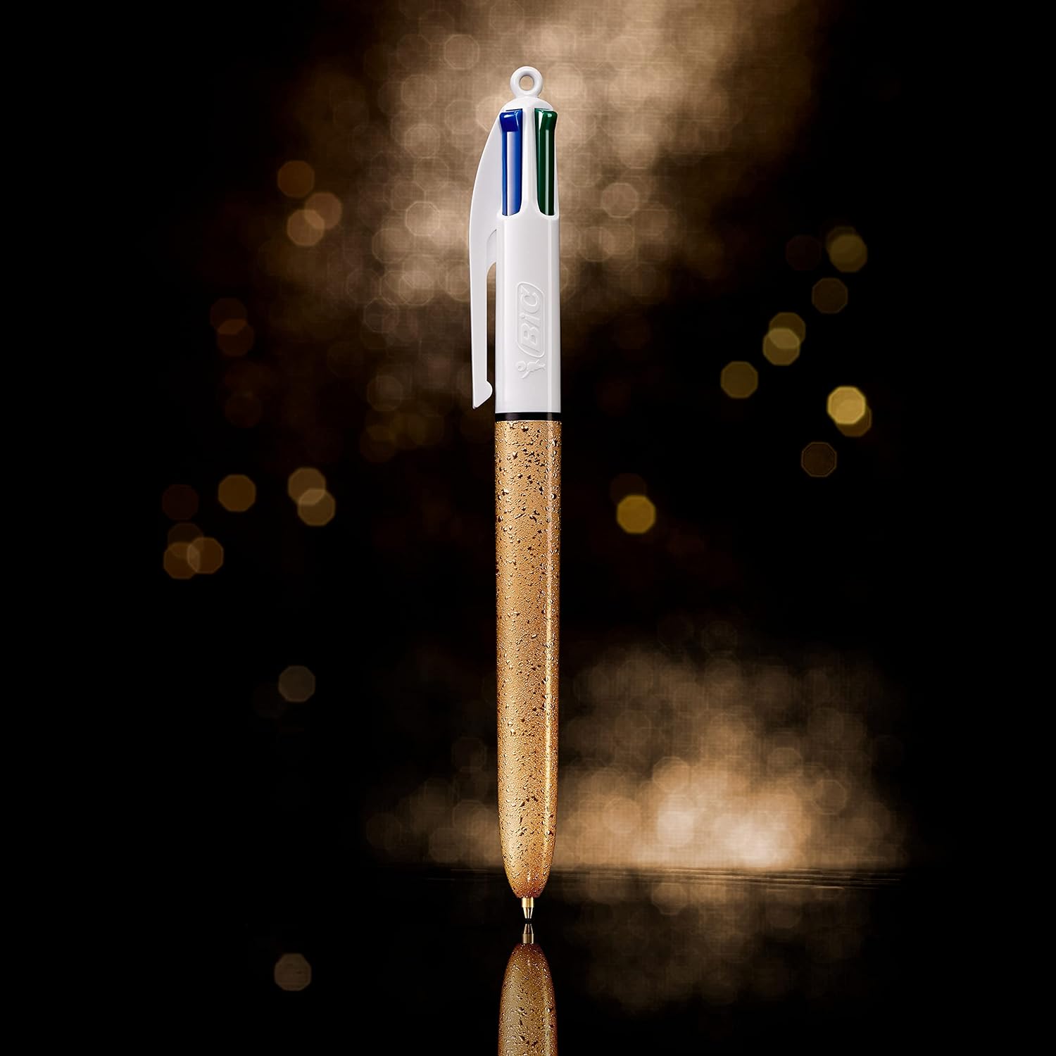 BIC 4 Colours Medium Point Ballpoint Pens (1 mm) - Frosted Gold Textured Body, Blue, Green, Red, Black, Box of 12