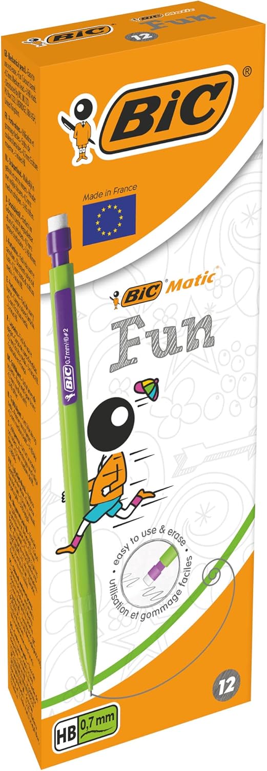 BIC Matic Fun 0.7mm Mechanical Pencils - Assorted Colours, Box of 12,Yellow,Blue,Green,White