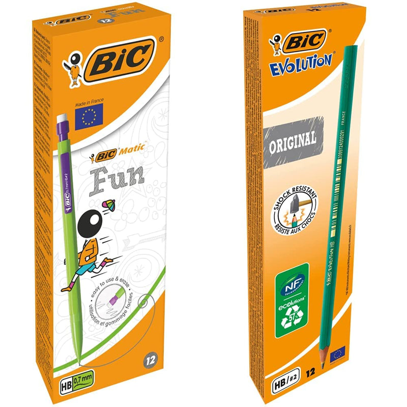 BIC Matic Fun 0.7mm Mechanical Pencils - Assorted Colours, Box of 12,Yellow,Blue,Green,White
