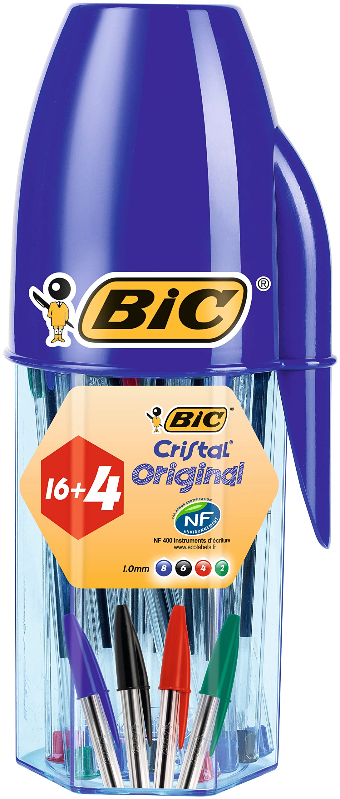 BIC Cristal Original Bolígrafos Punta Media (1,0mm) Colores Surtidos, Material Oficina y Escolar, Tubo de 20 unidades (16+4 gratis) (Paquete de 2)