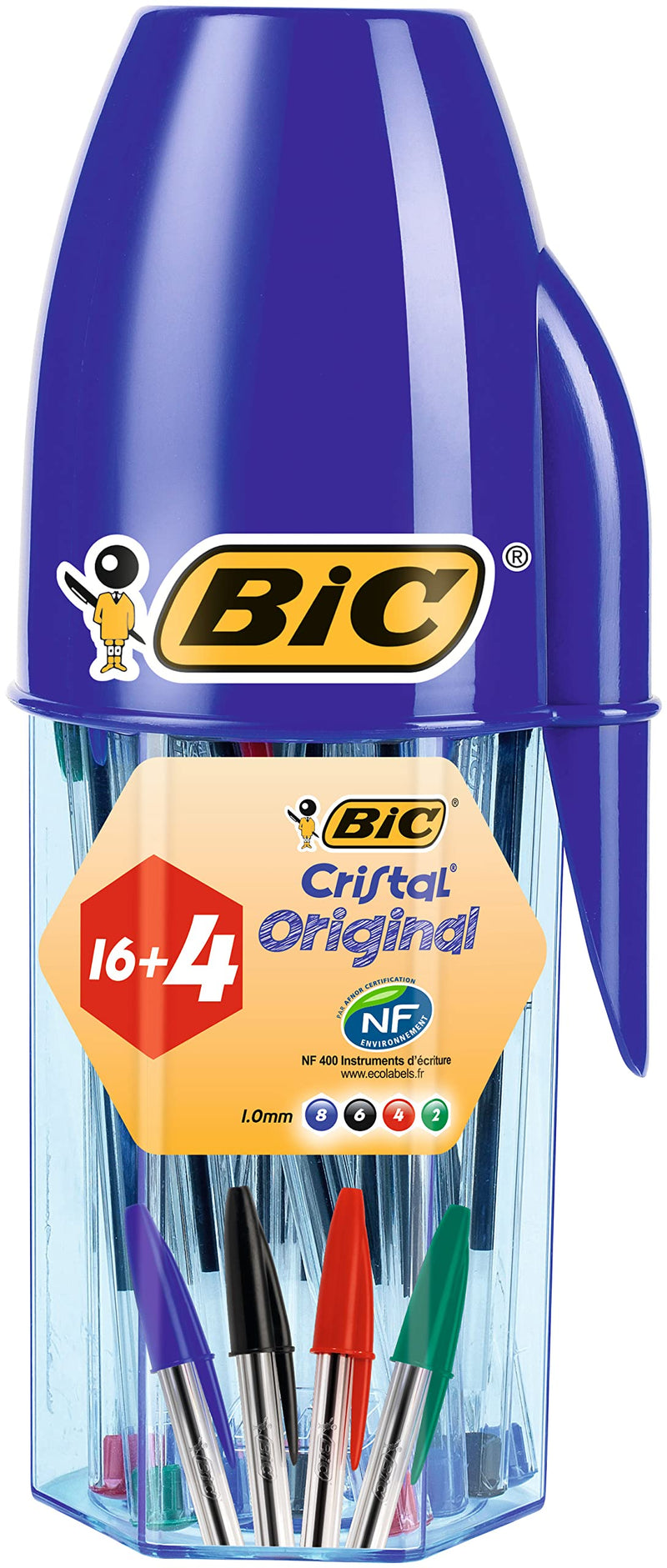 BIC Cristal Original Bolígrafos Punta Media (1,0mm) Colores Surtidos, Material Oficina y Escolar, Tubo de 20 unidades (16+4 gratis) (Paquete de 2)