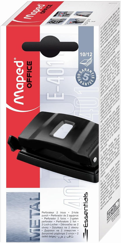 Maped - Perforadora de Papel - Essentials Metal 10/12 Hojas con 2 Agujeros- Agujeador de Papel con Regleta Multi Formatos - Tapa para Vaciar Confetis - Distancia de 80 mm entre Anillas - Color Negro
