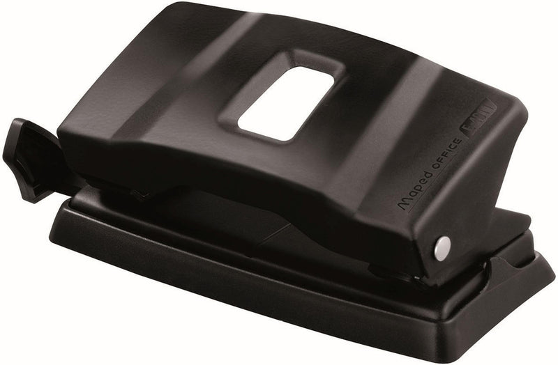 Maped - Perforadora de Papel - Essentials Metal 10/12 Hojas con 2 Agujeros- Agujeador de Papel con Regleta Multi Formatos - Tapa para Vaciar Confetis - Distancia de 80 mm entre Anillas - Color Negro