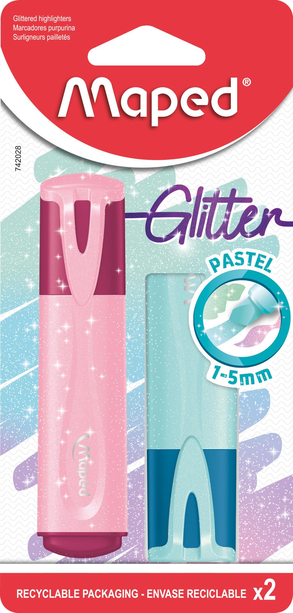 Maped Pastel Glitter Highlighter Pens (Pack of 2 - Assorted Colours