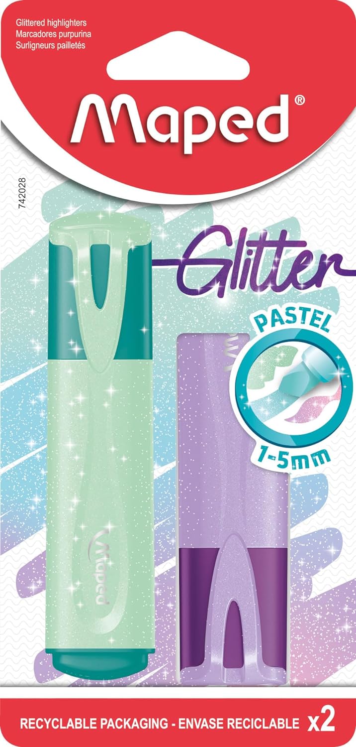 Maped Pastel Glitter Highlighter Pens (Pack of 2 - Assorted Colours