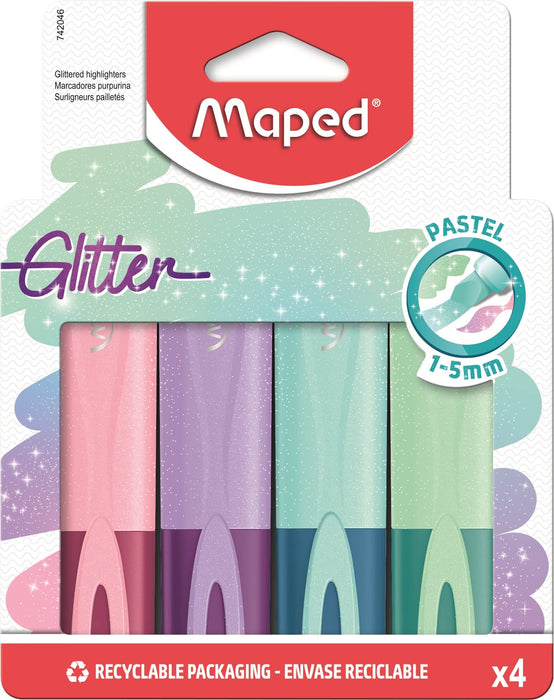 Maped Pastel Glitter Highlighters (Pack of 4 Assorted Pastel Colours