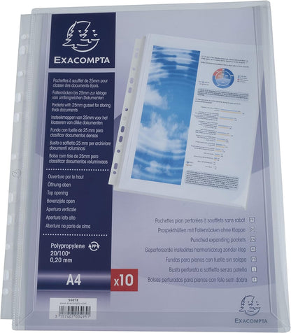 Exacompta - Ref 5507E - PP Expanding Punched Pockets - Suitable for Holding A4 Documents, 25mm Gusset & Flap, Made From 200 Micron Polypropylene - Transparent (Pack of 10