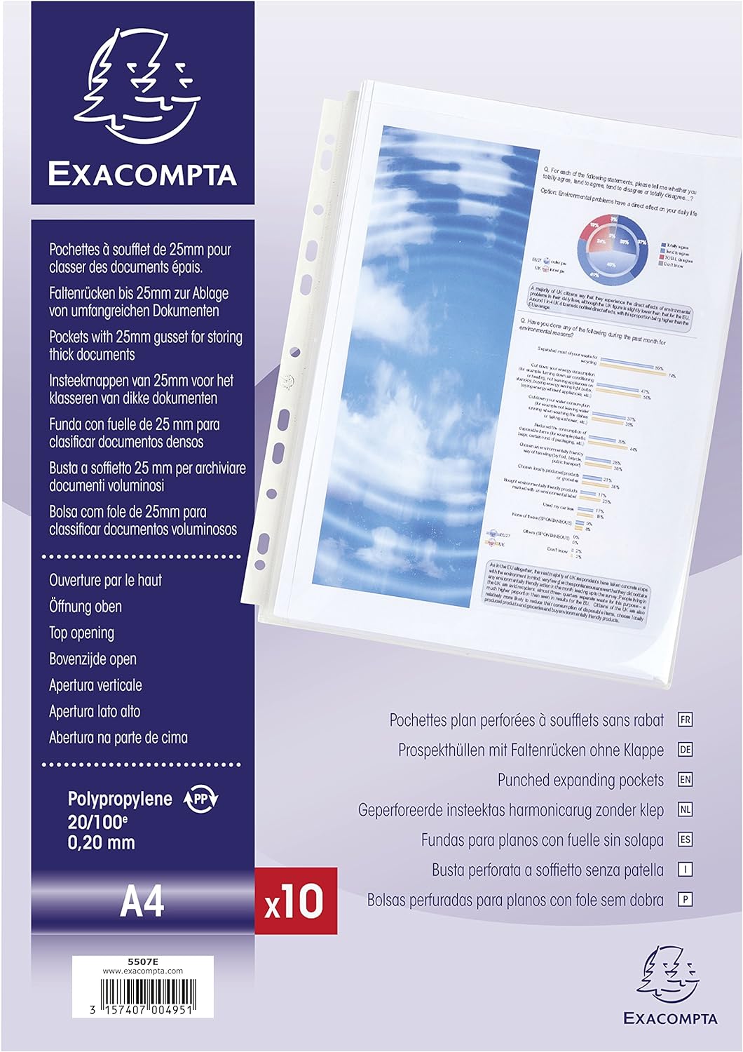 Exacompta - Ref 5507E - PP Expanding Punched Pockets - Suitable for Holding A4 Documents, 25mm Gusset & Flap, Made From 200 Micron Polypropylene - Transparent (Pack of 10