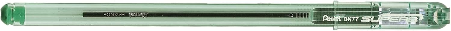 Pentel Super BK77-D Ballpoint Pen/fine Tip Crystal Plastic Barrel with Lid Green Ink-Pack of 12