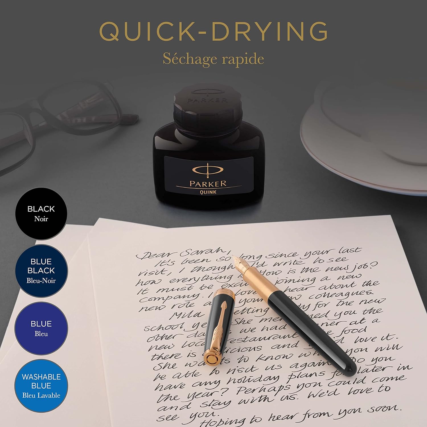 Parker Fountain Pen Ink Bottle | Washable Blue QUINK Ink | 57 ml Fountain Pen Refill.