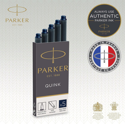 Parker Fountain Pen Ink Refill Cartridges | Long | Blue-Black QUINK Ink | 5 Count