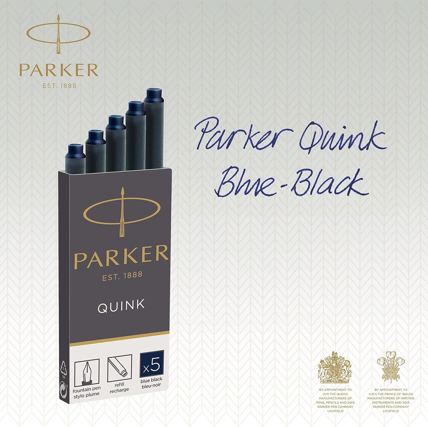 Parker Fountain Pen Ink Refill Cartridges | Long | Blue-Black QUINK Ink | 5 Count