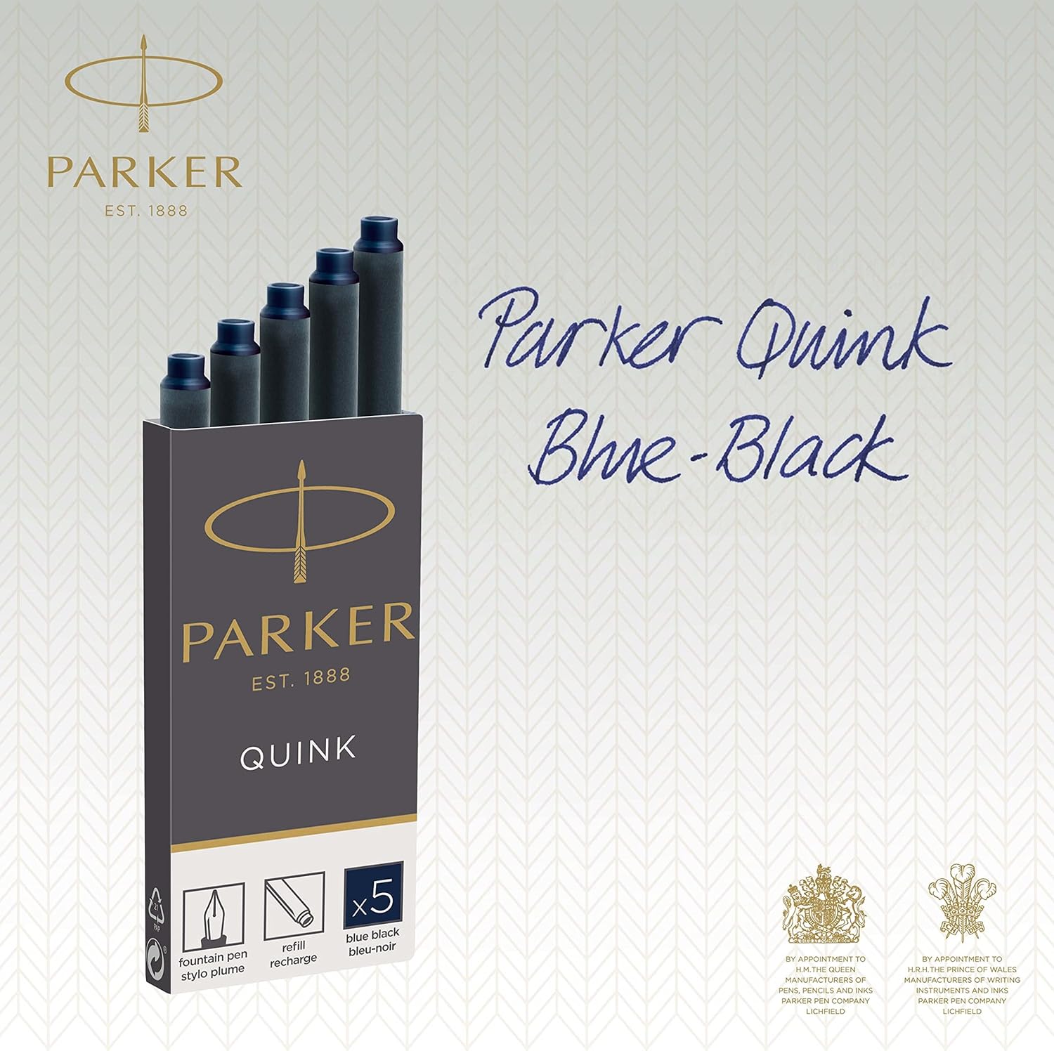 Parker Fountain Pen Ink Refill Cartridges | Long | Blue-Black QUINK Ink | 5 Count