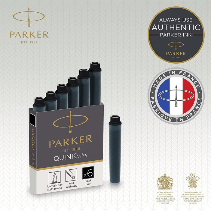 Parker Mini Fountain Pen Ink Refill Cartridges | Black QUINK Ink | 6 Count