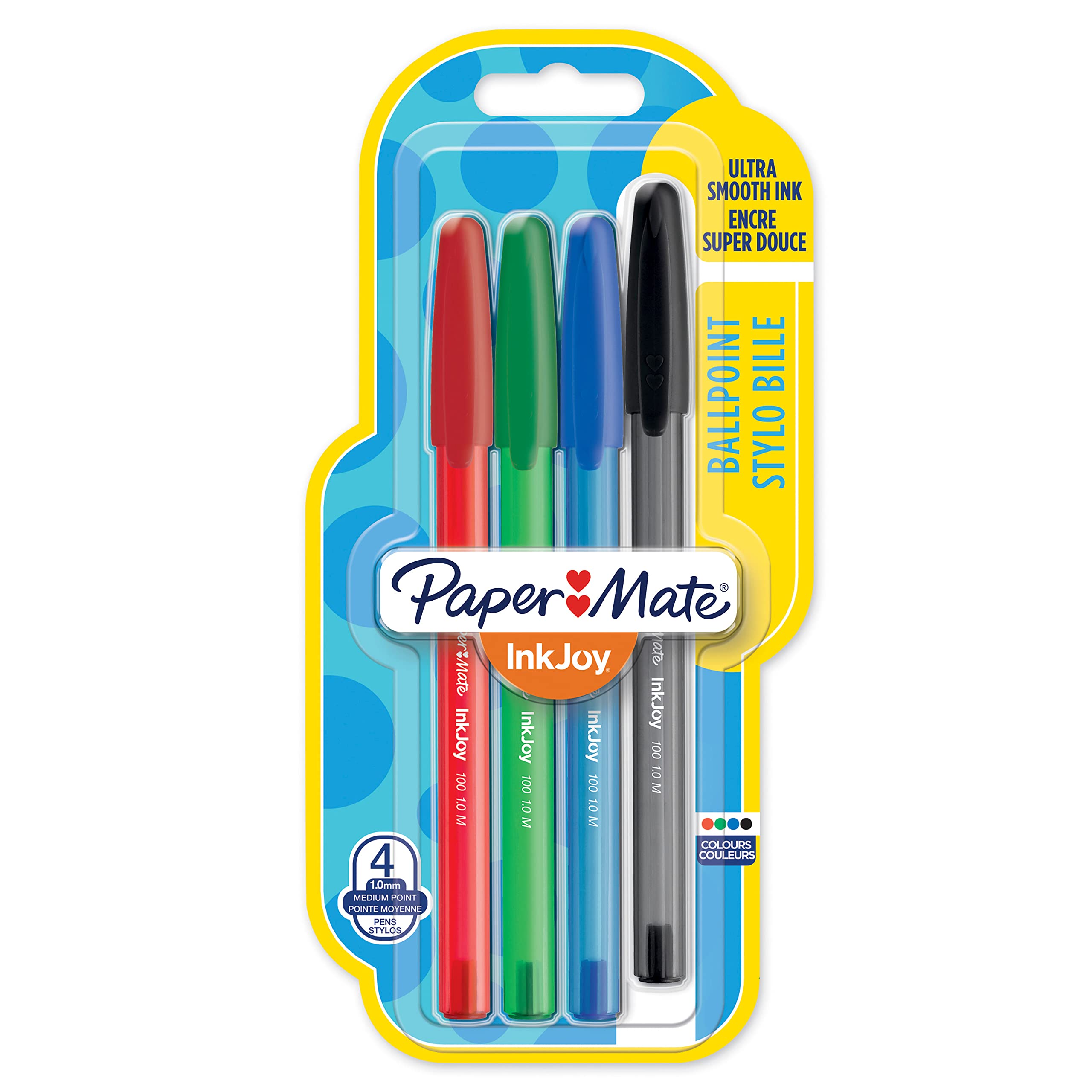 Paper Mate InkJoy 100ST Ballpoint Pens | Medium Point (1.0mm) | Red, Green, Blue & Black | 5 Count