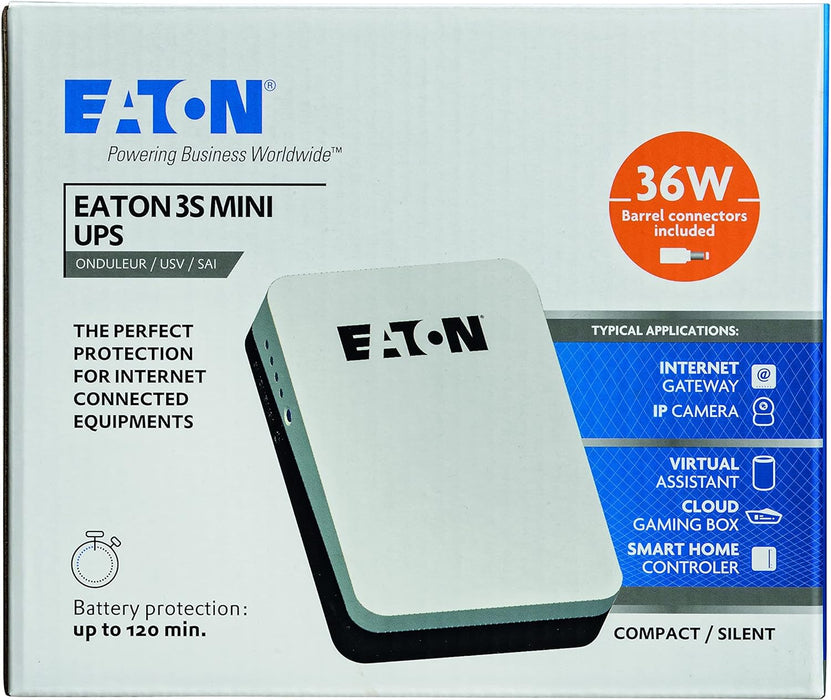 Eaton 3S Mini UPS 36W 9/12/15/19 Volt DC - Ideal for Protecting Internet Routers (e.g. FRITZ!Box), IP Cameras, Home Assistants and Smart Home Controllers - White & Black