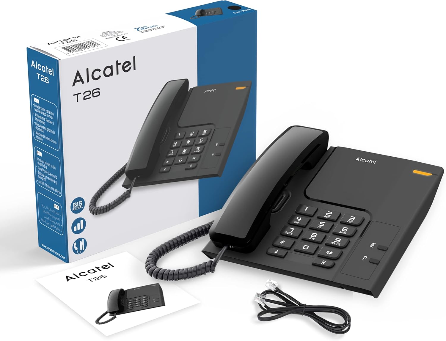 Alcatel T26, corded landline phone for Home and Office, last number redial key, visual call indicator, ringer volume control.