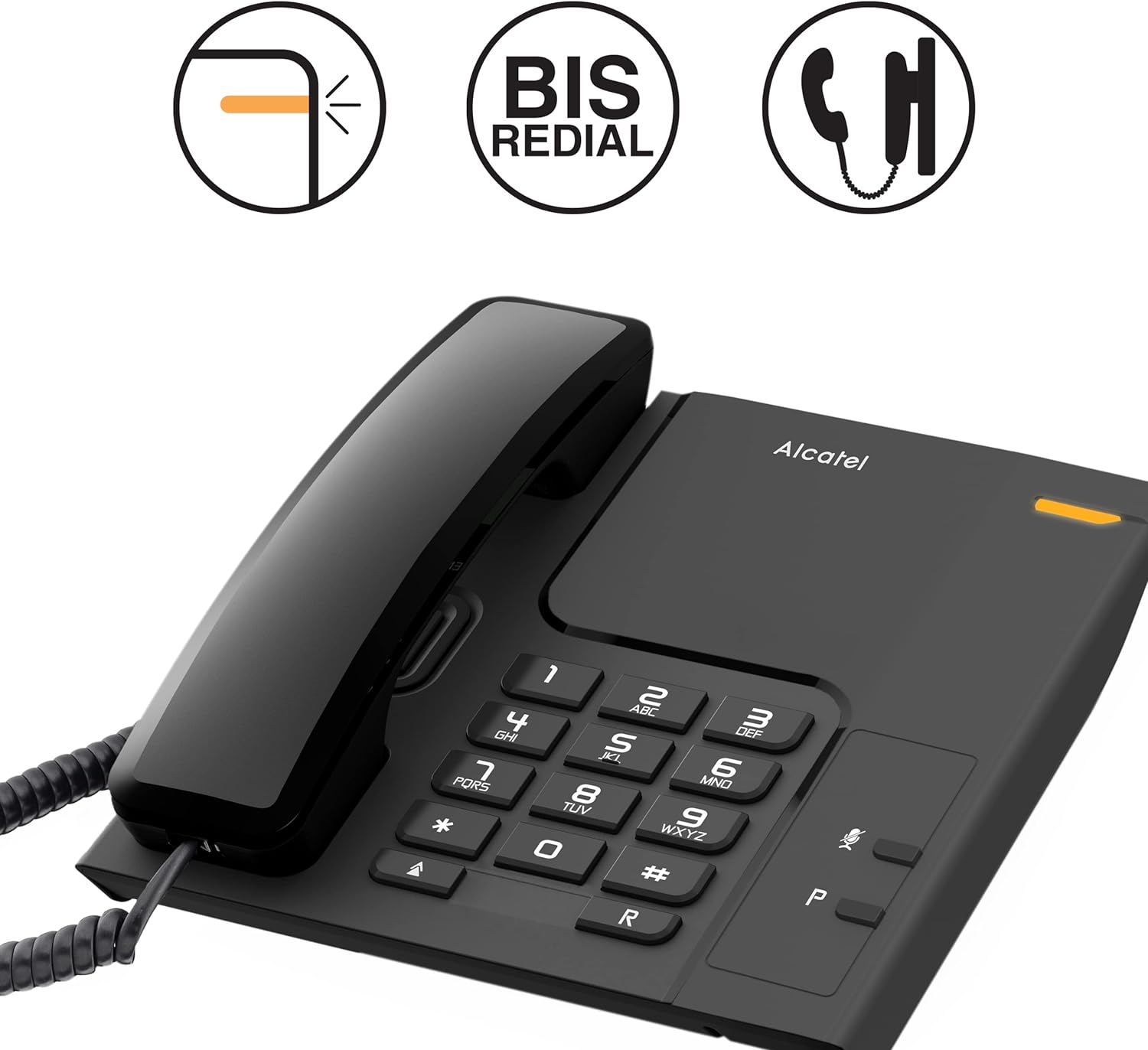 Alcatel T26, corded landline phone for Home and Office, last number redial key, visual call indicator, ringer volume control.
