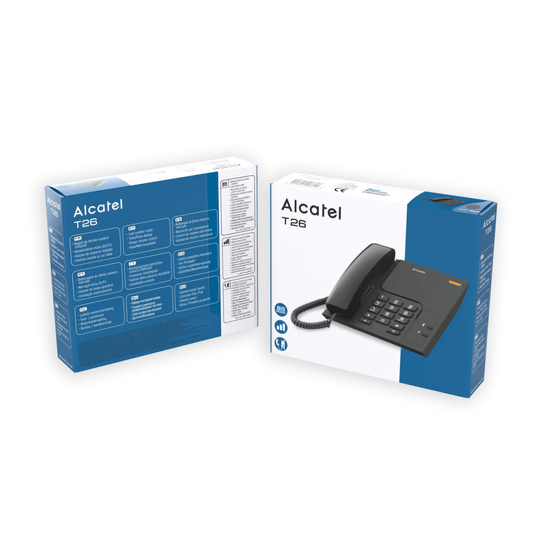Alcatel T26, corded landline phone for Home and Office, last number redial key, visual call indicator, ringer volume control.