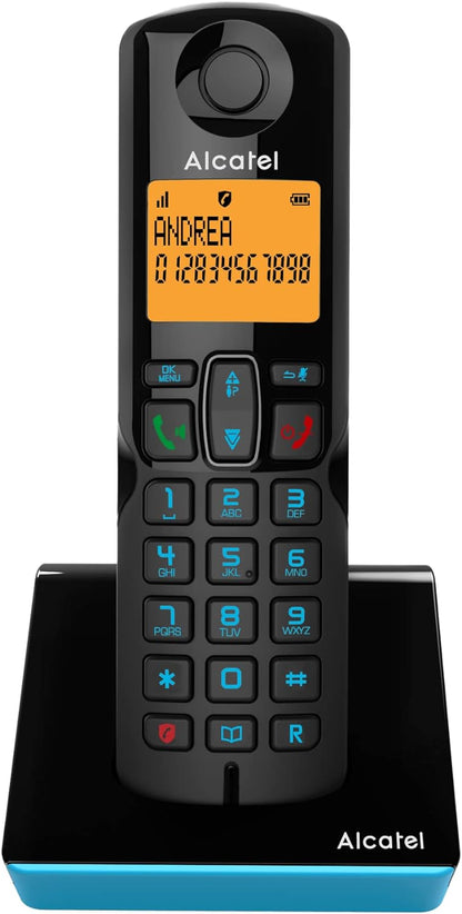 Alcatel S280 NERO/BLU Telefono Cordless DECT con Blocco delle Chiamate Indesiderate, Ampio Display Retroilluminato Arancione, funzione Vivavoce, 3 Tasti di Memoria Diretta