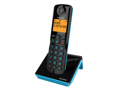 Alcatel S280 NERO/BLU Telefono Cordless DECT con Blocco delle Chiamate Indesiderate, Ampio Display Retroilluminato Arancione, funzione Vivavoce, 3 Tasti di Memoria Diretta
