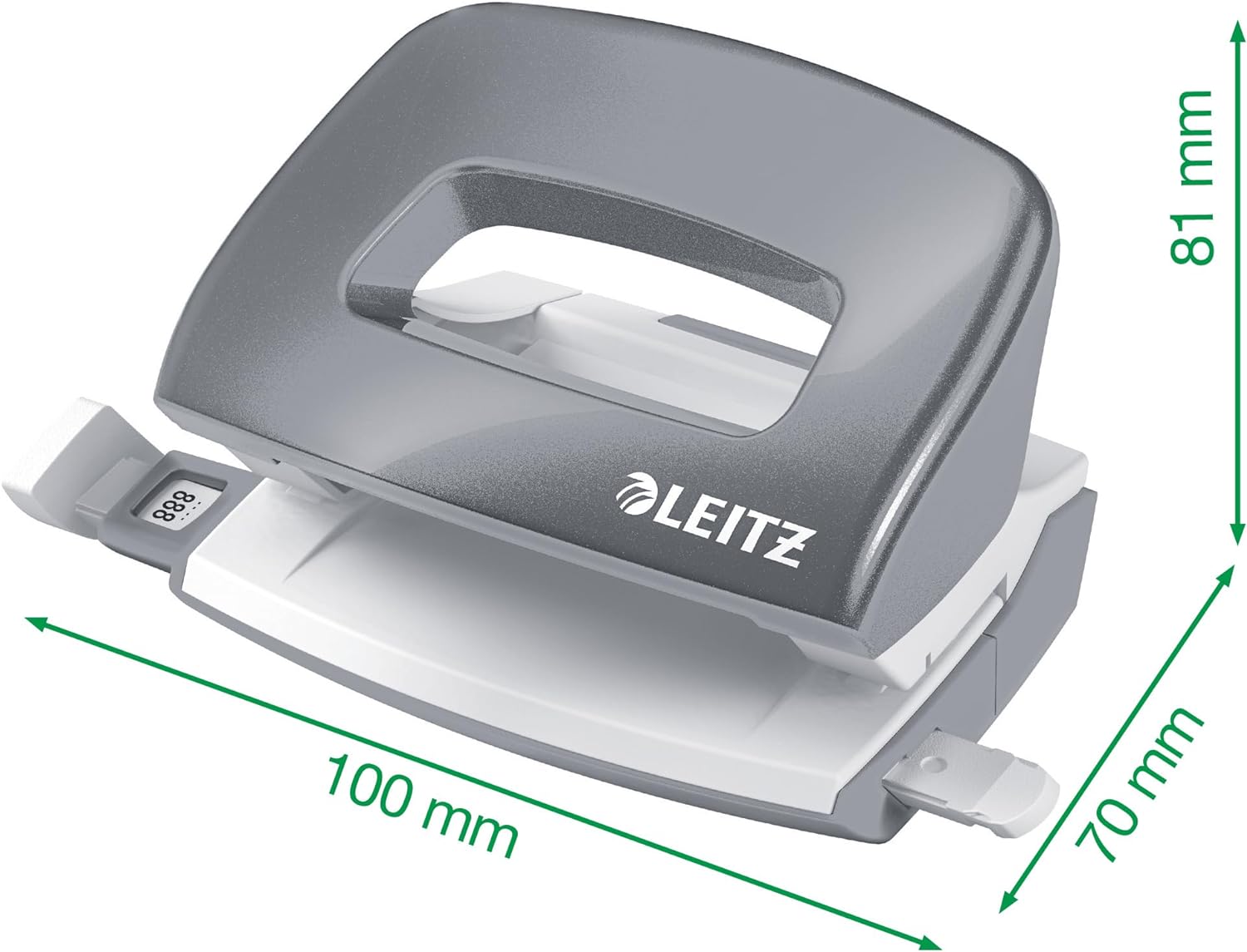 Leitz Mini Hole Punch, 10 Sheets, Guide Bar with Format Markings, Metal, WOW Range, 50601023 - Metallic