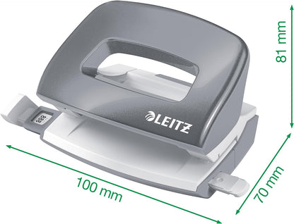 Leitz Mini Hole Punch, 10 Sheets, Guide Bar with Format Markings, Metal, WOW Range, 50601023 - Metallic