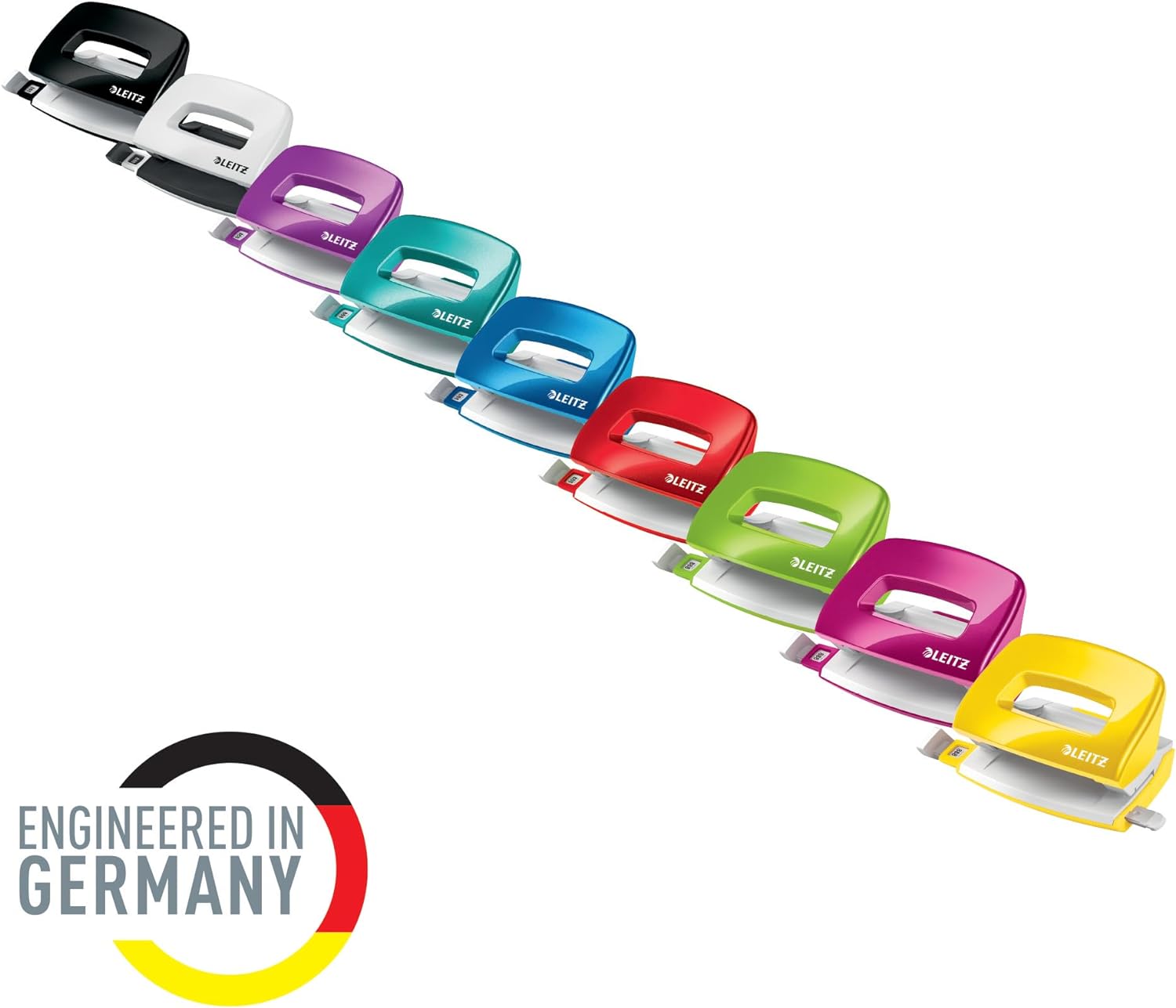 Leitz Mini Hole Punch, 10 Sheets, Guide Bar with Format Markings, Metal, WOW Range, 50601023 - Metallic