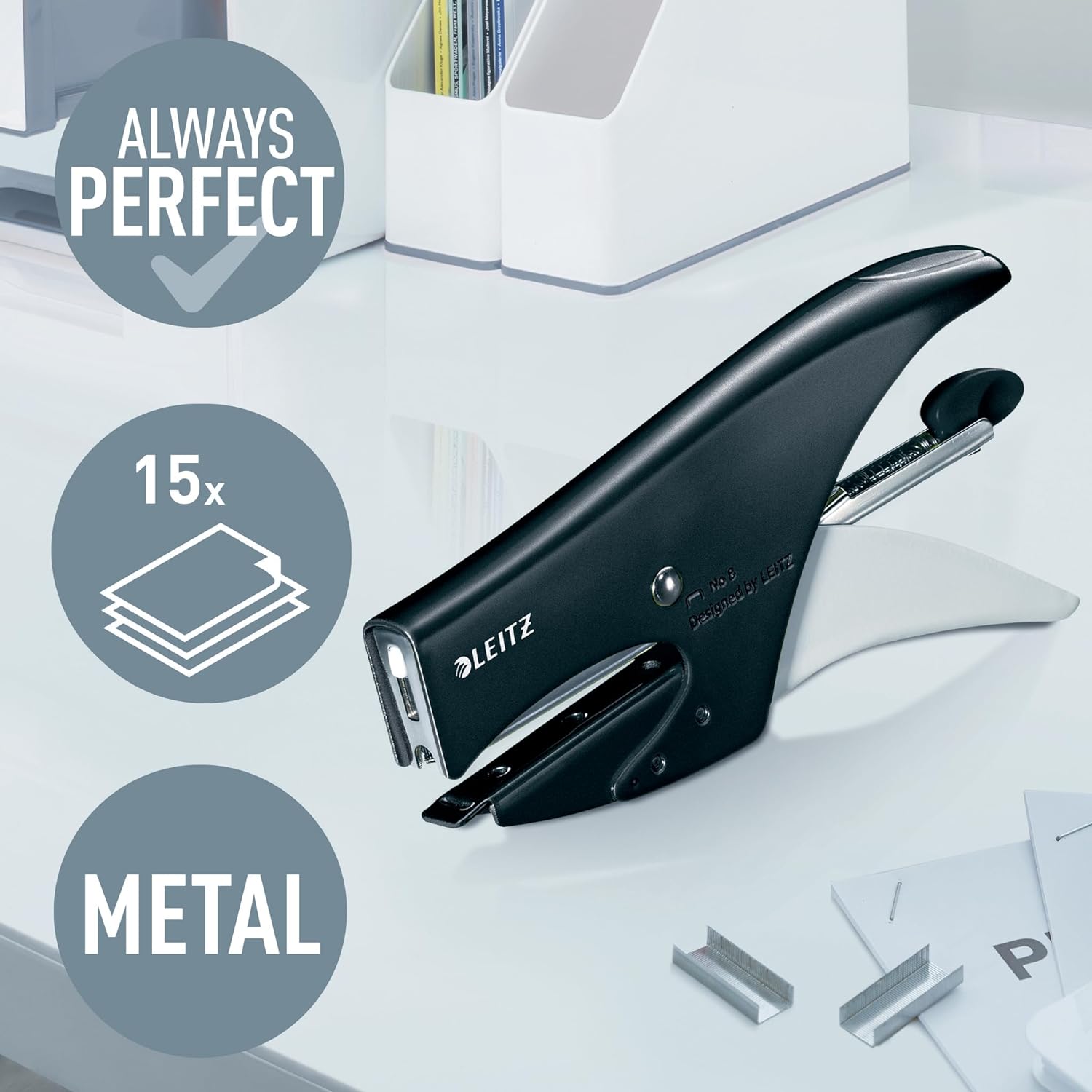 Leitz Stapling Pliers, 15 Sheet Capacity, Ergonomic Metal Body, Includes Staples, WOW Range, 55472095