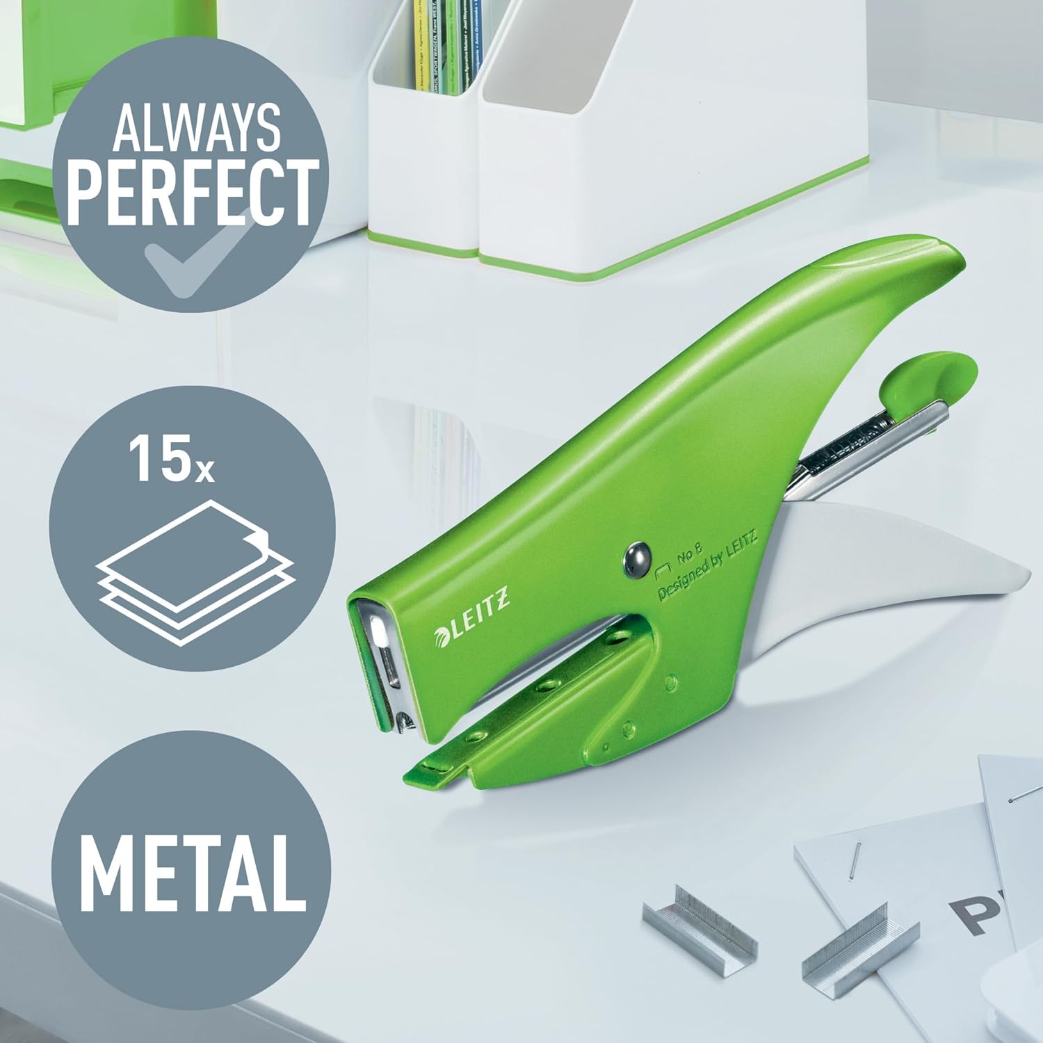 Leitz 55472054 Stapling Pliers, 15 Sheet Capacity, Ergonomic Metal Body, Includes Staples, WOW Range