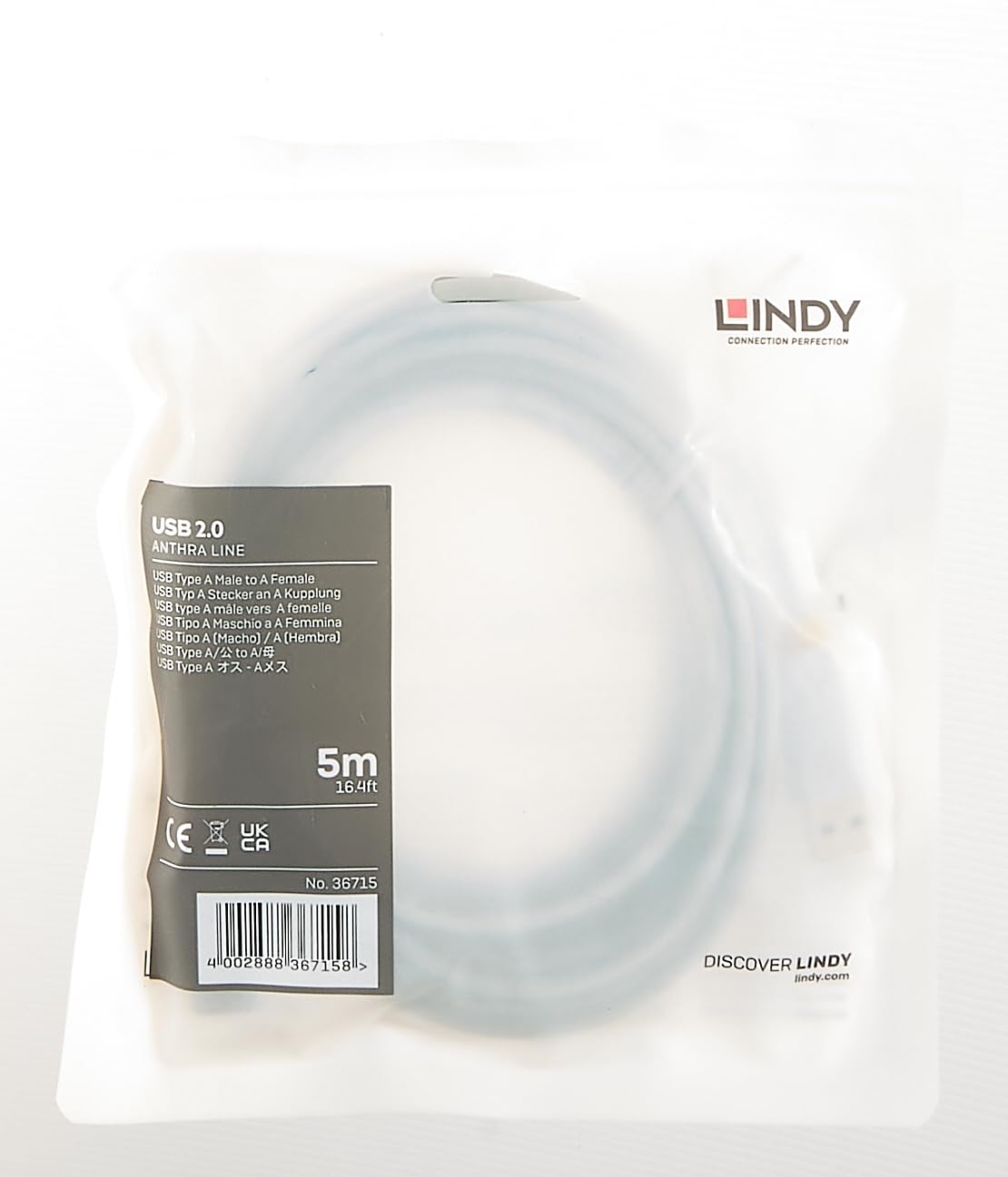 LINDY 36715 USB 2.0 Type A Extension Cable, Anthra Line - Grey