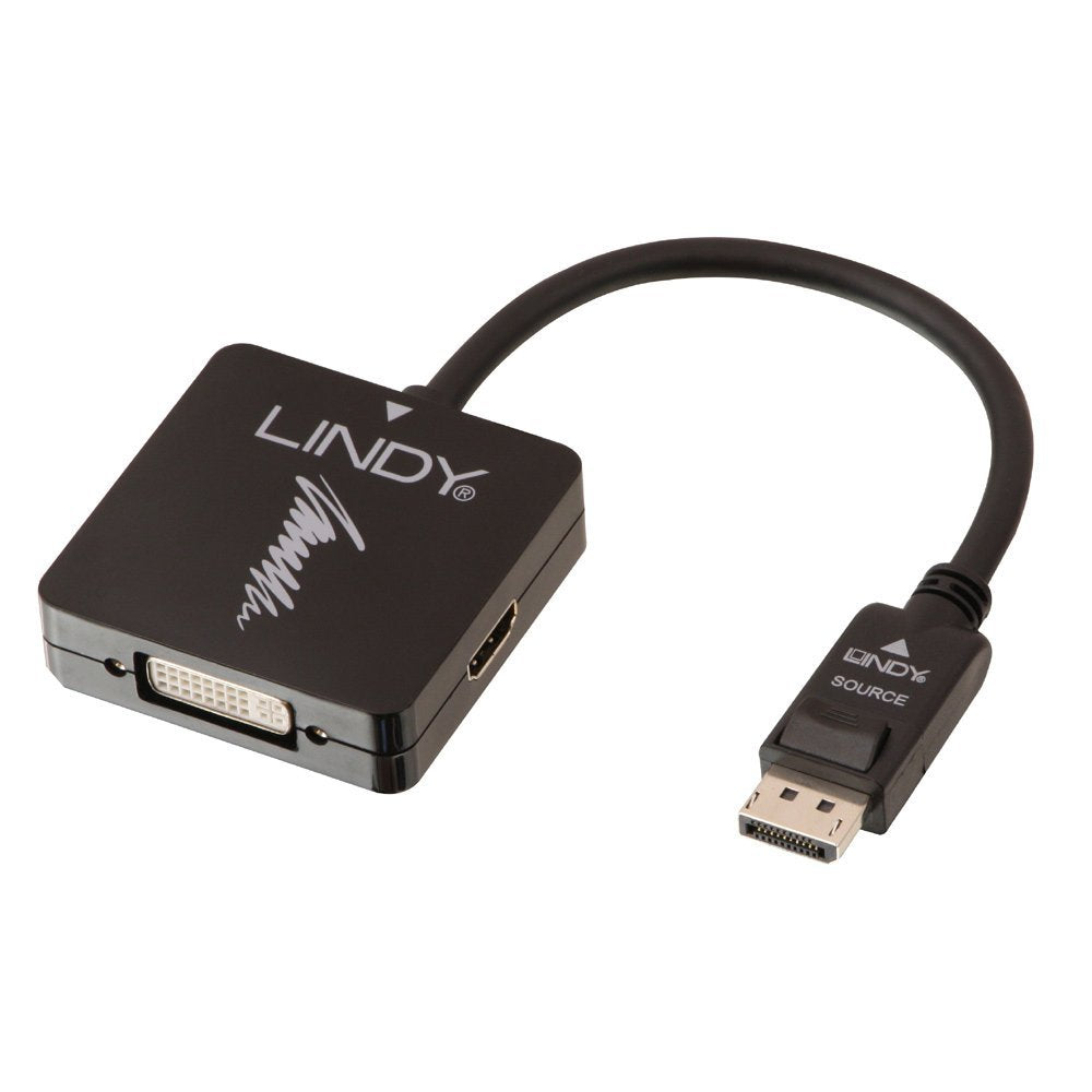 LINDY 41028 DisplayPort 1.2 to HDMI, VGA and DVI-D Active Adapter Converter - Black, 6.0 cm*6.0 cm*1.5 cm