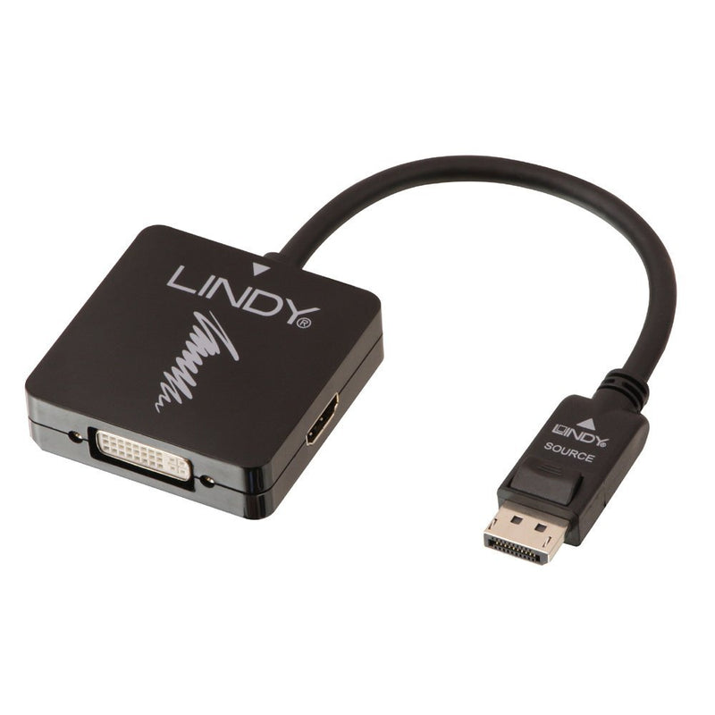 LINDY 41028 DisplayPort 1.2 to HDMI, VGA and DVI-D Active Adapter Converter - Black, 6.0 cm*6.0 cm*1.5 cm