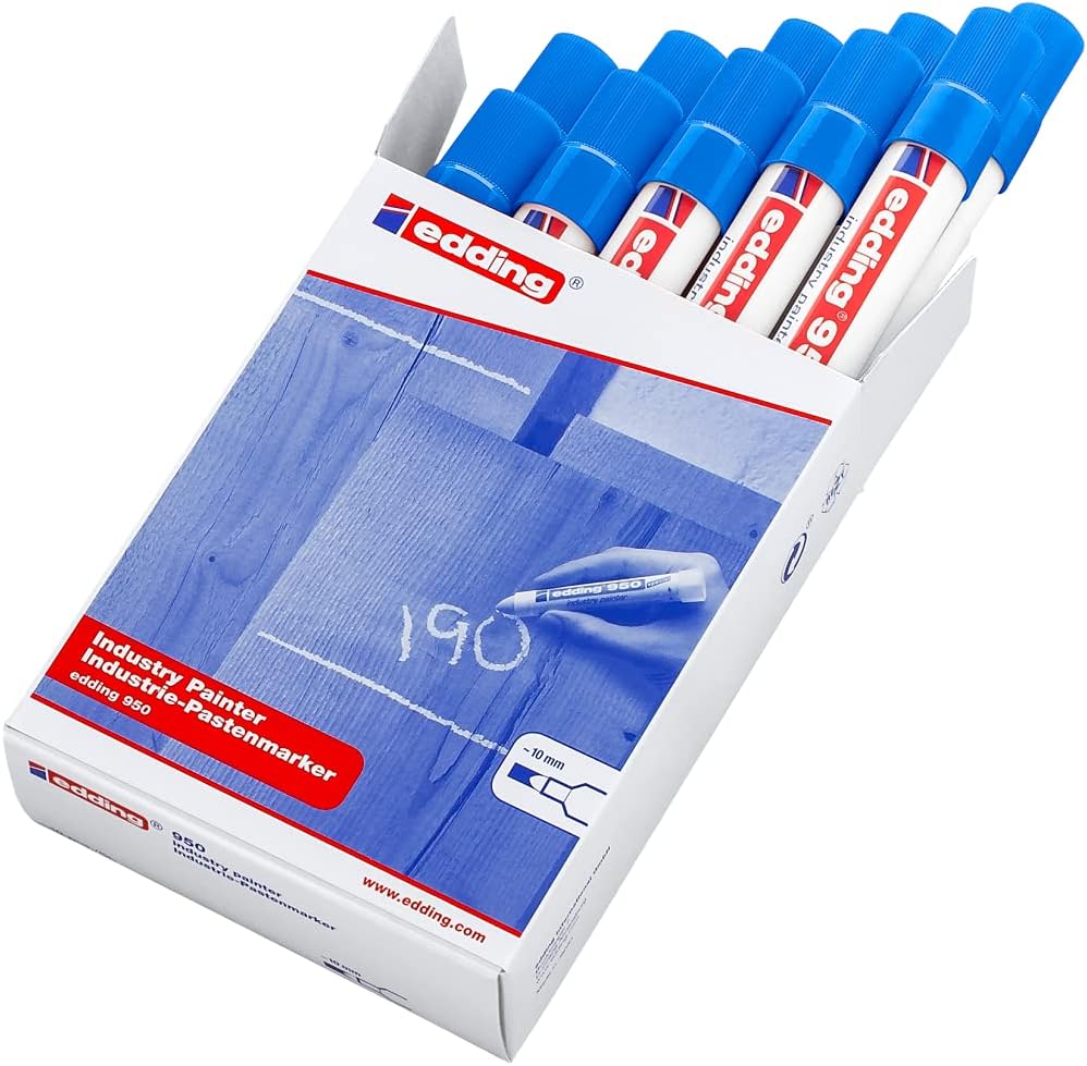 edding 950 industry painter - blue - 10 pens - round tip 10 mm - marker for writing on metal, rocks, wood - rough or wet surfaces - Permanent, waterproof 02: 10 Pens - Blue