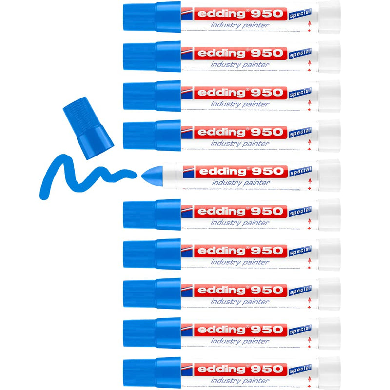 edding 950 industry painter - blue - 10 pens - round tip 10 mm - marker for writing on metal, rocks, wood - rough or wet surfaces - Permanent, waterproof 02: 10 Pens - Blue