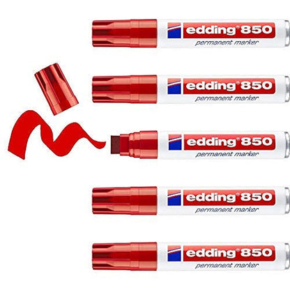 edding 850 permanent marker - red - 5 pens - chisel tip 5-15 mm - for bold markings - waterproof, quick-drying, smear-proof pens - for cardboard, plastic, glass, wood, metal and fabric