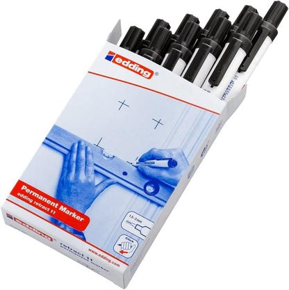 edding retract 11 permanent marker - black - box of 10 - bullet nib 1.5-3 nm - waterproof, quick-drying - permanent marker for easy single-handed operation - for cardboard, plastic, wood, metal, glass