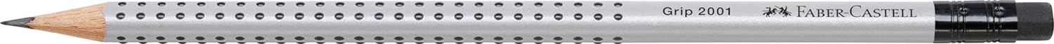 Faber-Castell Blacklead Pencil GRIP 2001 B With Eraser Tip Pack Of 12, Silver