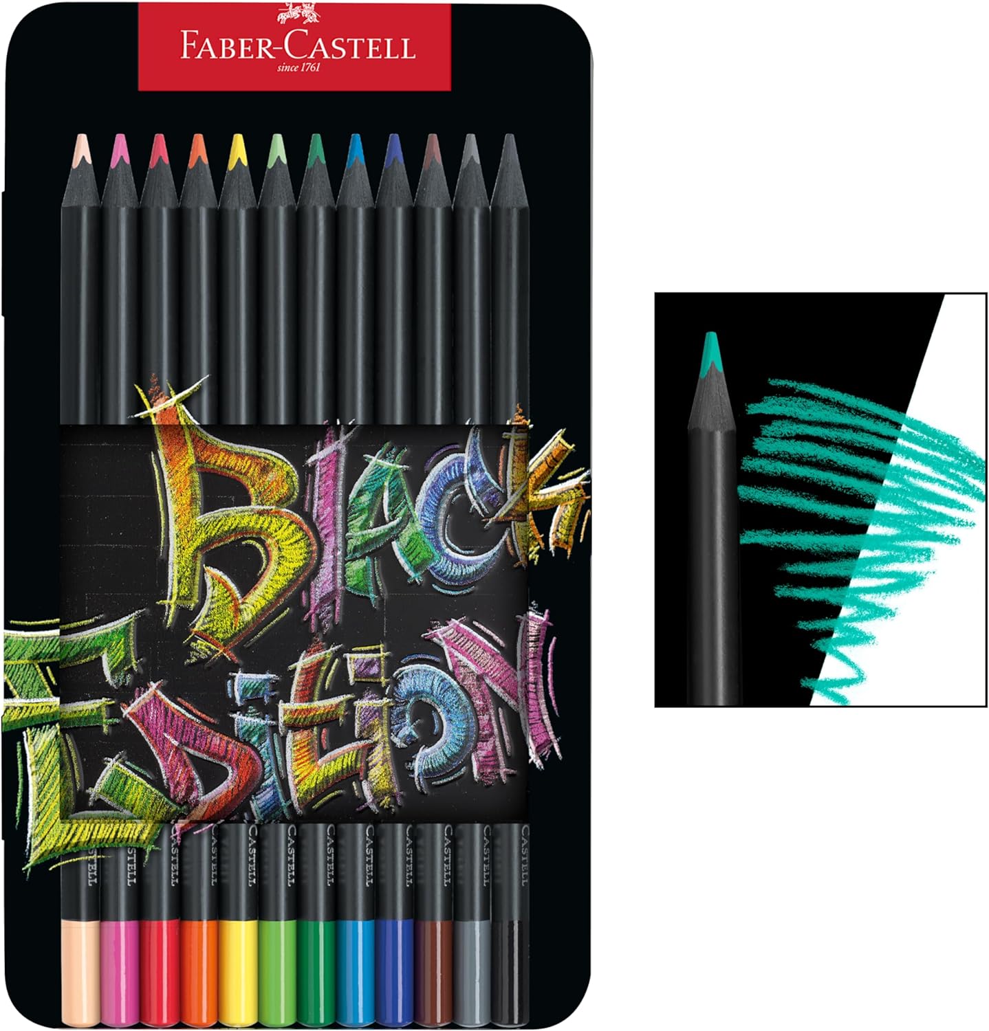 Faber-Castell Colouring Pencils Black Edition, tin of 12 tin of 12, Multicolor (116413