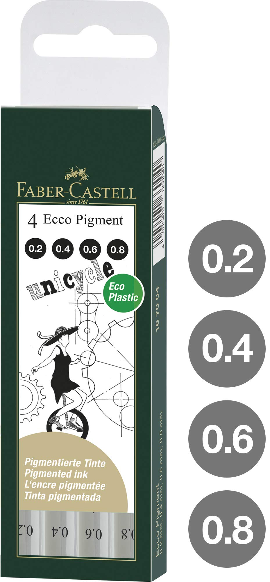 Faber-Castell Ecco Pigment Fibre Tip Pen Wallet, 4 Black Pens (0.2, 0.4, 0.6 & 0.8mm