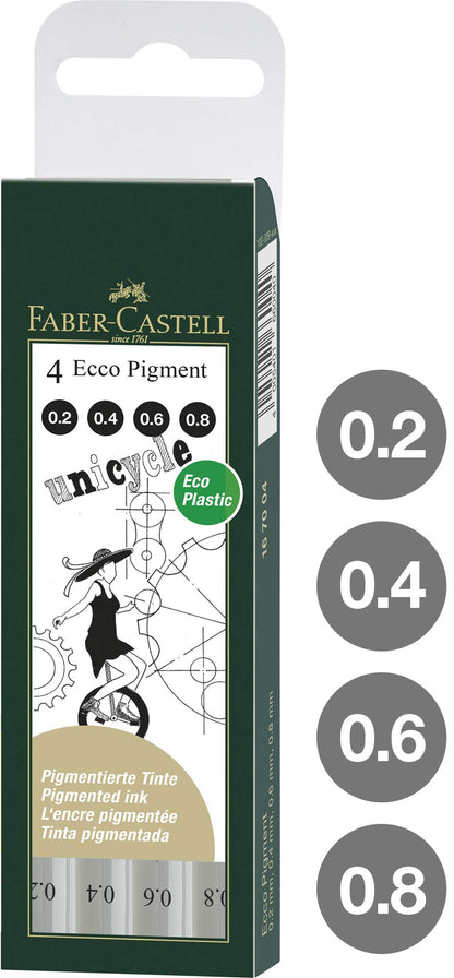 Faber-Castell Ecco Pigment Fibre Tip Pen Wallet, 4 Black Pens (0.2, 0.4, 0.6 & 0.8mm