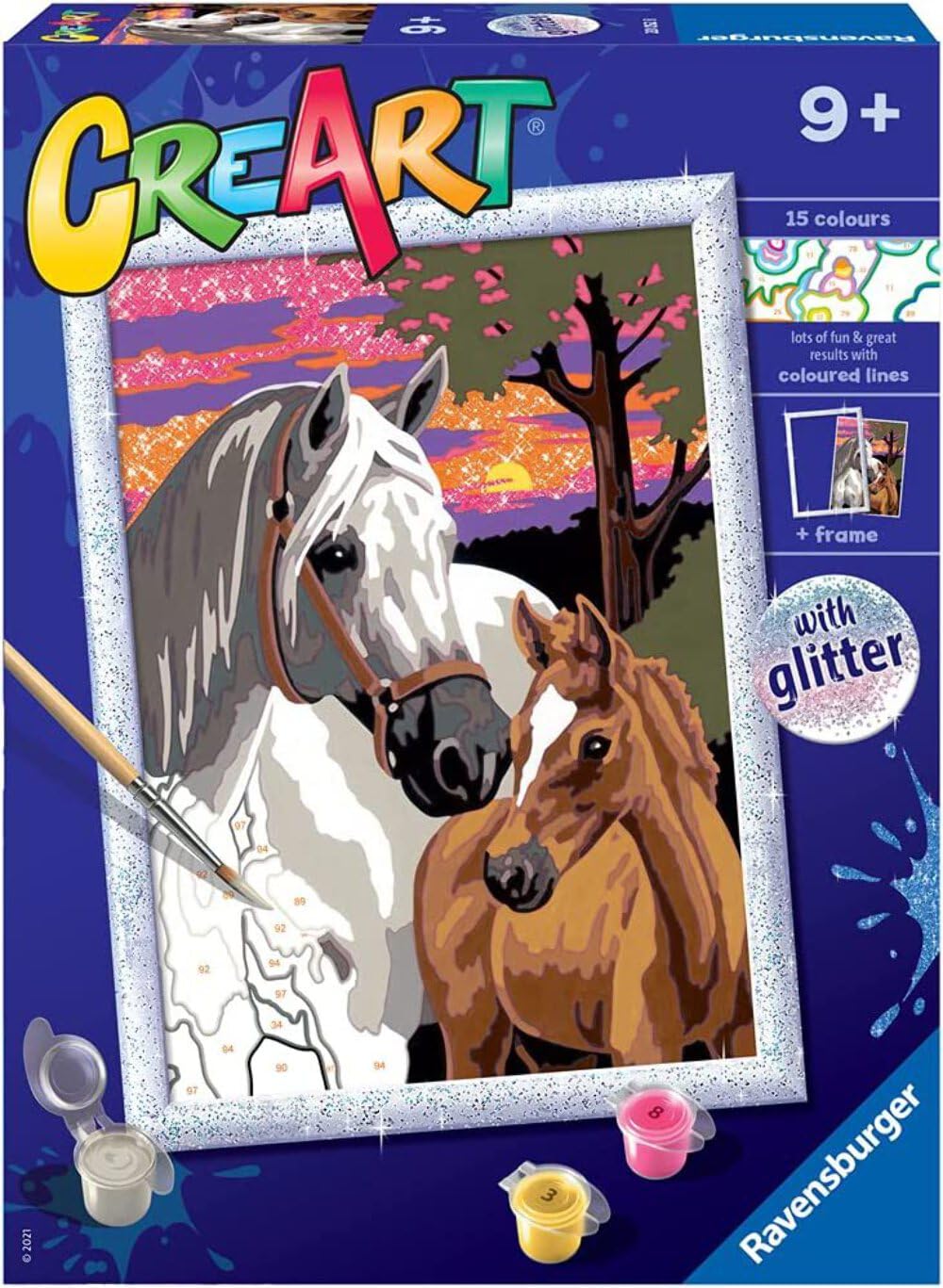 Ravensburger 20052 8, CreArt, Horses at Dusk, Kit, Painting by Numbers, Creative Game for Boys and Girls, 2 Brushes and 1 Frame, Recommended Age 9+, único