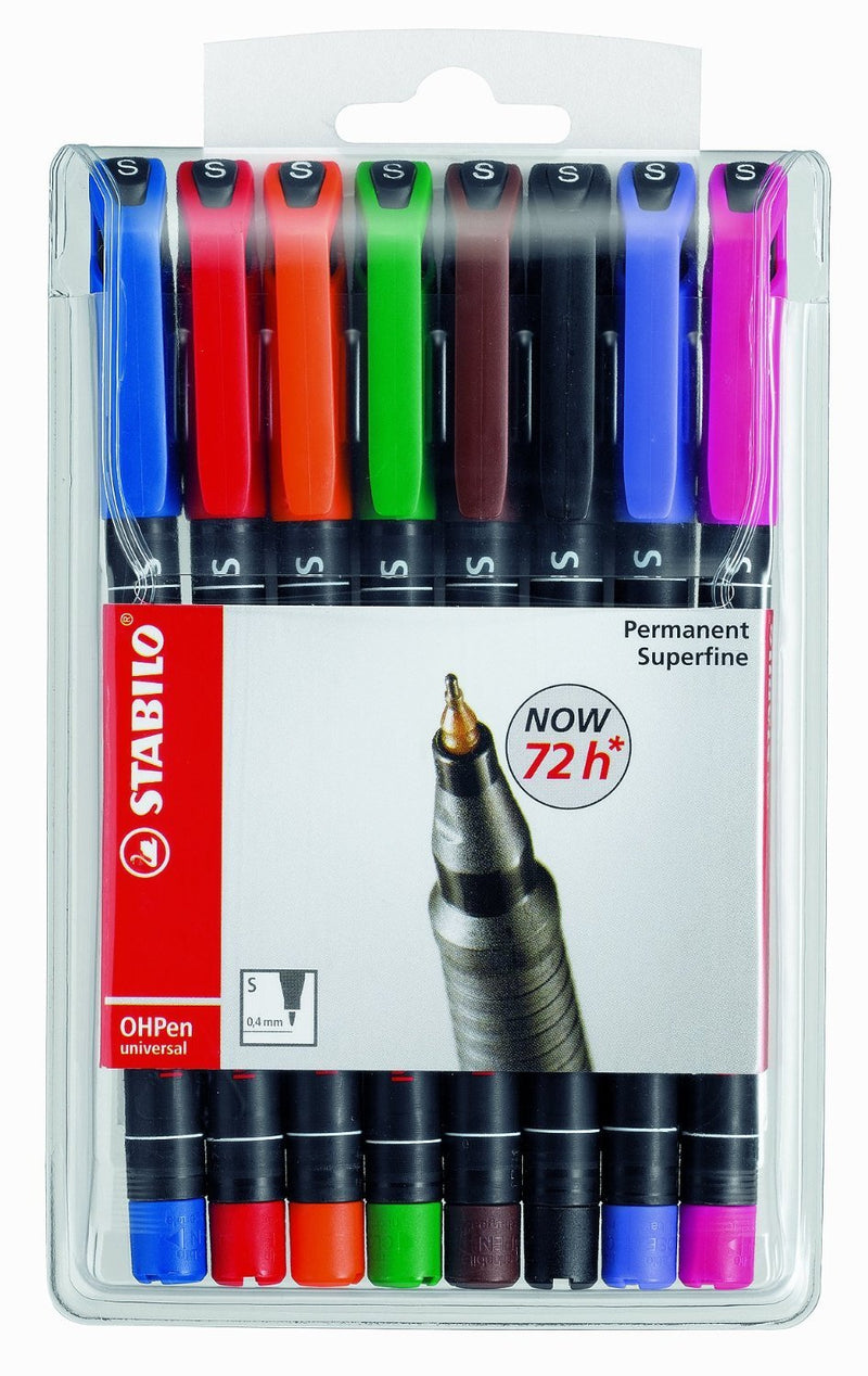 OHP Pen - STABILO OHP Pen Permanent - Superfine - Wallet of 8 - Assorted Colours