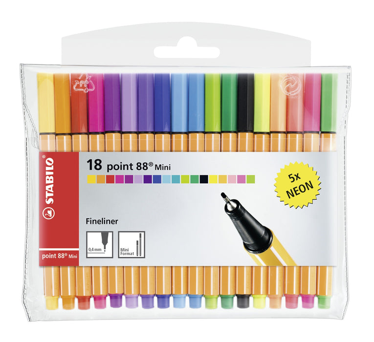 STABILO Fineliner Point 88 Mini - 18er Pack - mit 18 inkl. 5 Neonfarben