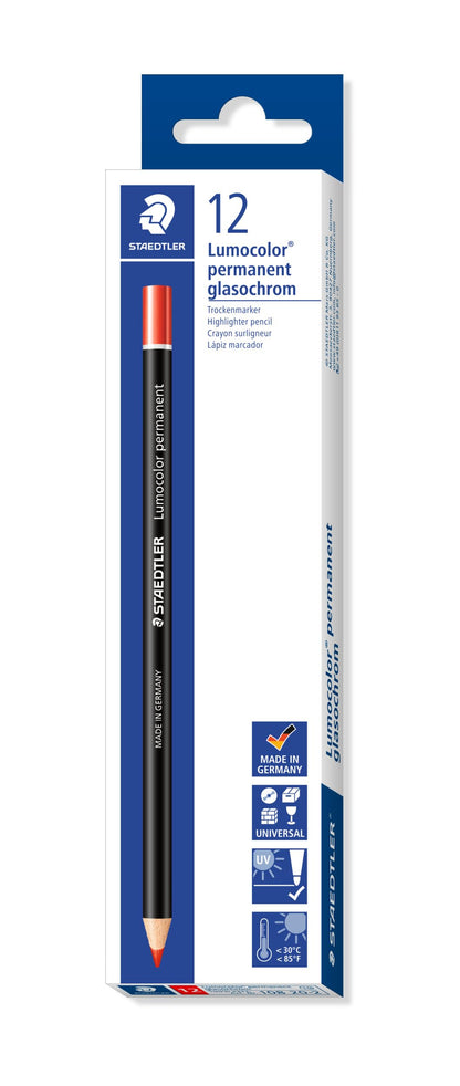 Staedtler 108 20-2 Lumocolor Permanent Glasochrom Dry Marker Pencil - Red (Pack of 12