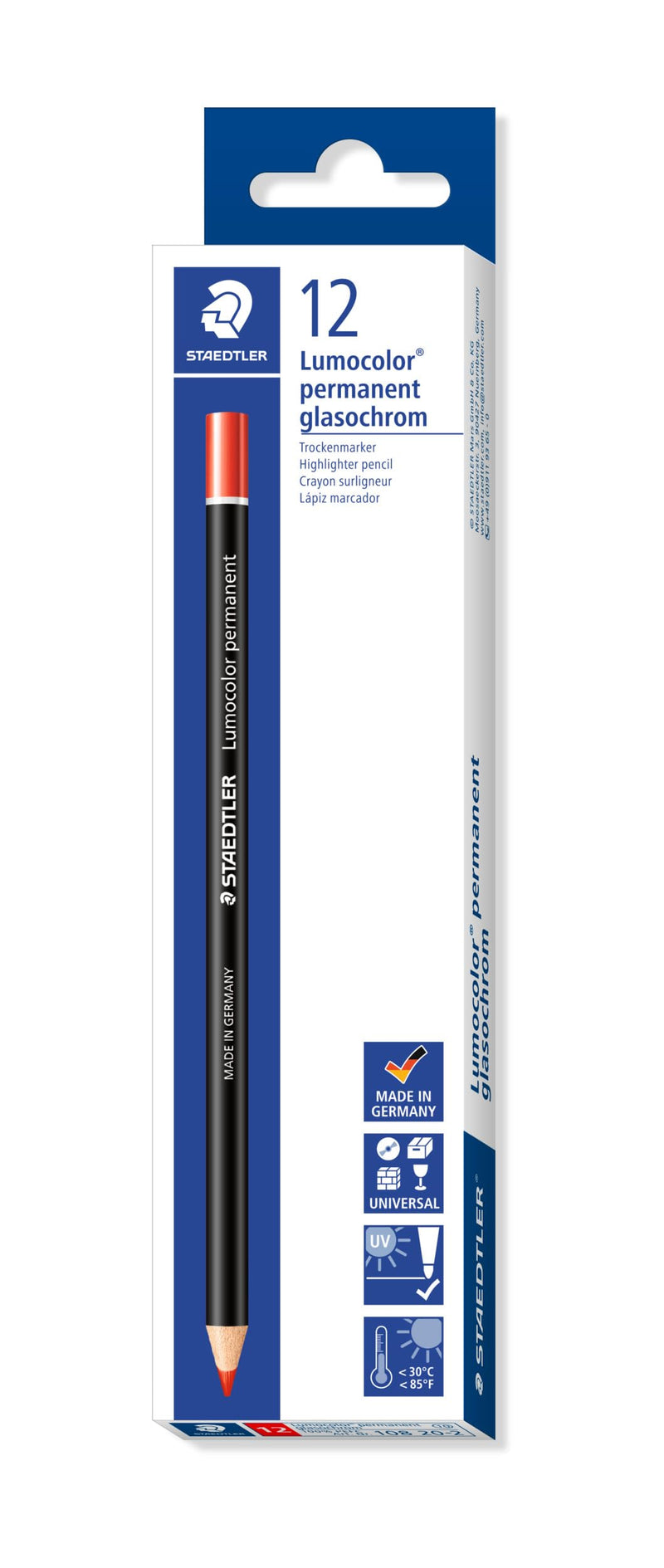 Staedtler 108 20-2 Lumocolor Permanent Glasochrom Dry Marker Pencil - Red (Pack of 12