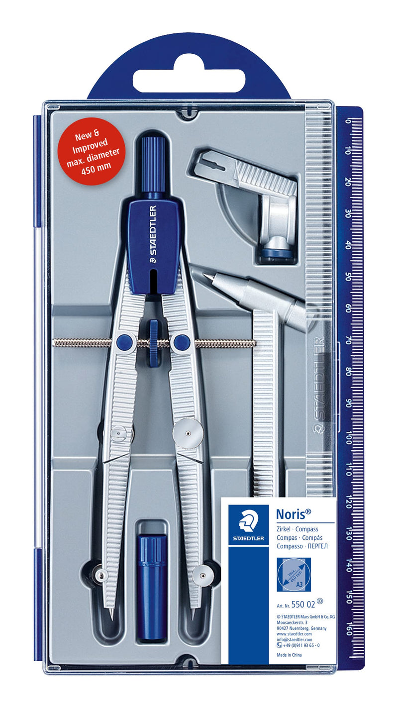 STAEDTLER 550 02 Noris School Compass with Centre Wheel, Extension Bar, Universal Adapter and Lead Box (350 mm Diameter