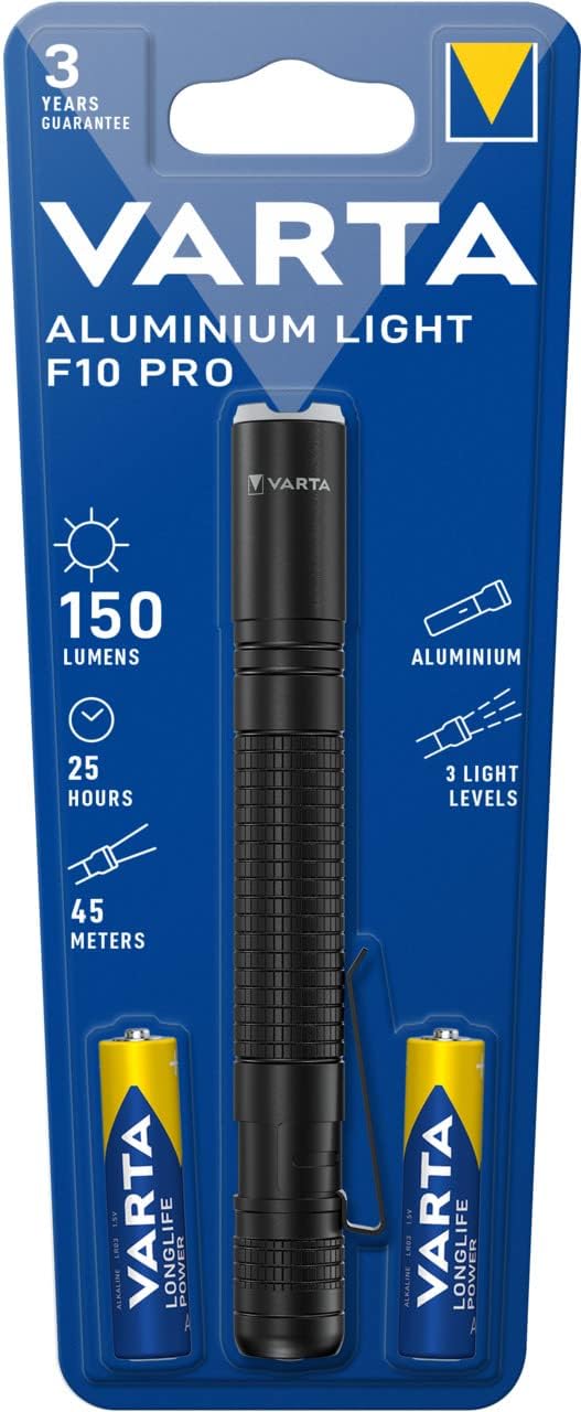 VARTA Aluminium F10 Pro LED Flashlight (incl. 2X Longlife Power AAA Batteries for everyday-use, 150 lumens, shock proof, 3 years guarantee) black for household, camping, outdoor